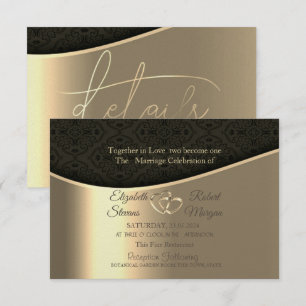 Invitation Black Damask Gold Hearts Mariage & registre