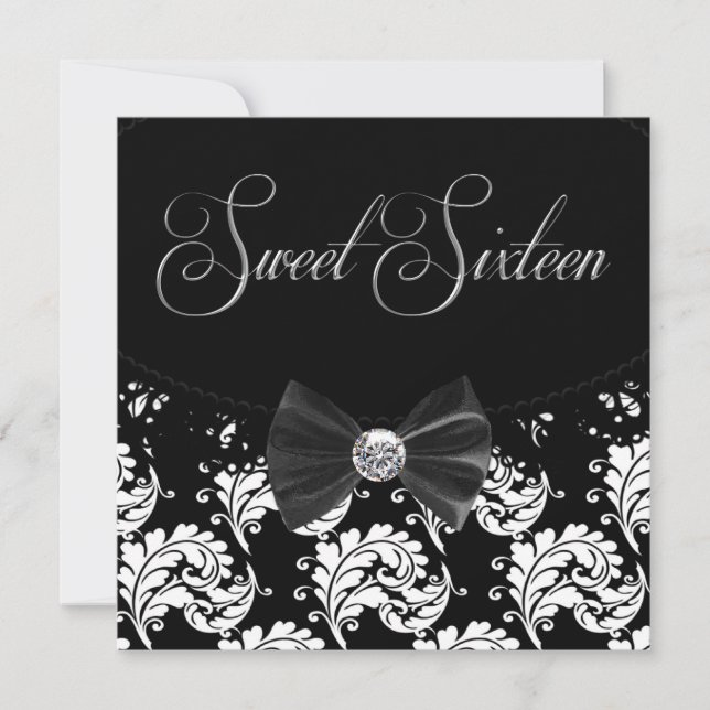 Invitation Black Damask Sweet sixteen fête d'anniversaire (Devant)