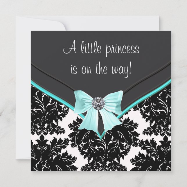 Invitation Black Damask Turquoise Blue Bow Princess Baby show (Devant)