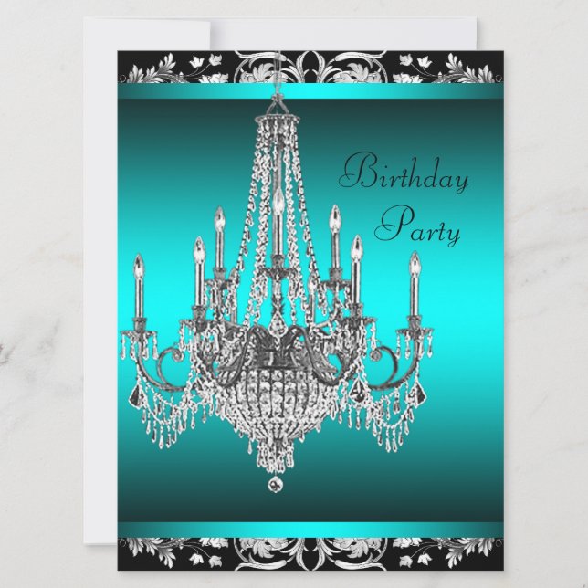 Invitation Black Damask Turquoise Lustre bleu fête d'annivers (Devant)