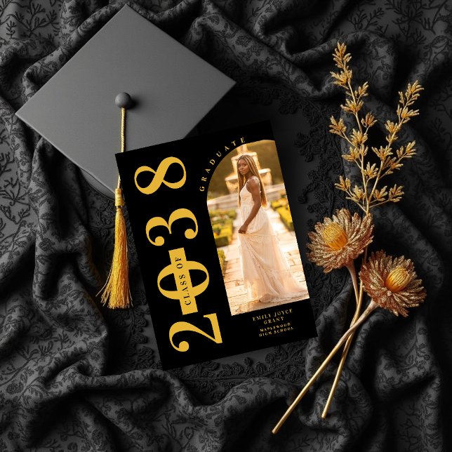 Invitation Black Delicate Arch MInimalist Grad Golden (Black Delicate Arch Photo Minimalist Graduate Faux Gold Shades Photo Invitation Card Design.)