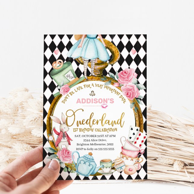 Invitation Black Diamond Watch Alice Dans L'Onederland Annive (Alice in Onederland 1st Birthday Invitation, Black Diamond Pattern, Large Watch, Alice One-derland)