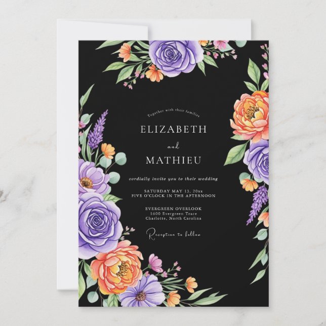 Invitation Black Dramatic Floral Watercolor Wedding (Devant)