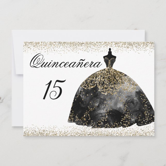 Invitation Black Dress Gold Parties scintillant Quinceanera i (Devant)