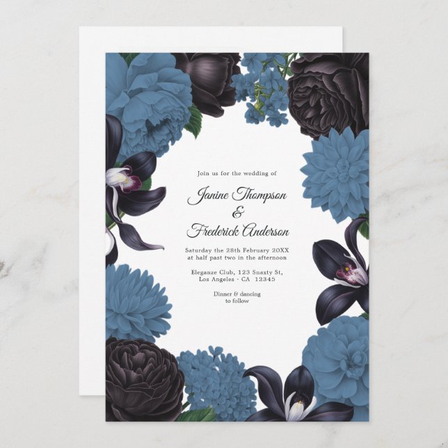 Invitation Black & Dusty Blue Photo/QR Code Floral Wedding (Devant / Derrière)