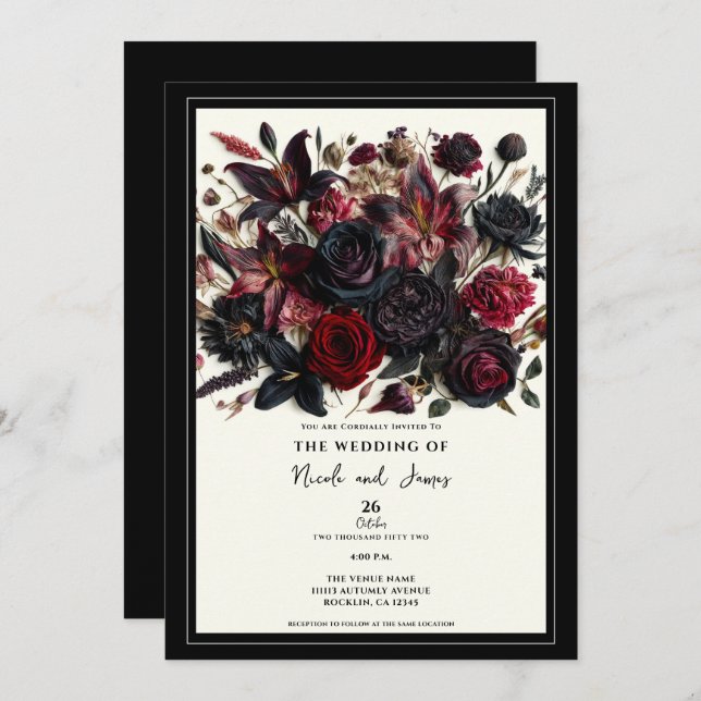 Invitation Black Elegant Chute Pressé Fleurs Mariage foncé (Devant / Derrière)