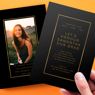 Invitation Black Elegant Faux Foil Photo University Grad