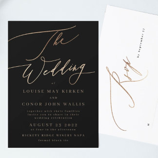 Invitation Black Elegant Simple Gold | Rsvp on back Wedding