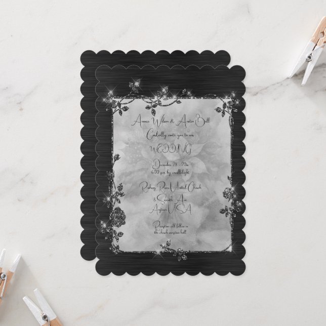 Invitation Black Elegant Sparkly Frame After Christmas Weddin (Devant/Arrière en situation)