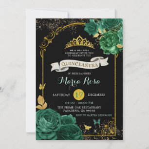 Invitation Black Emerald Green Couronne Quinceañera