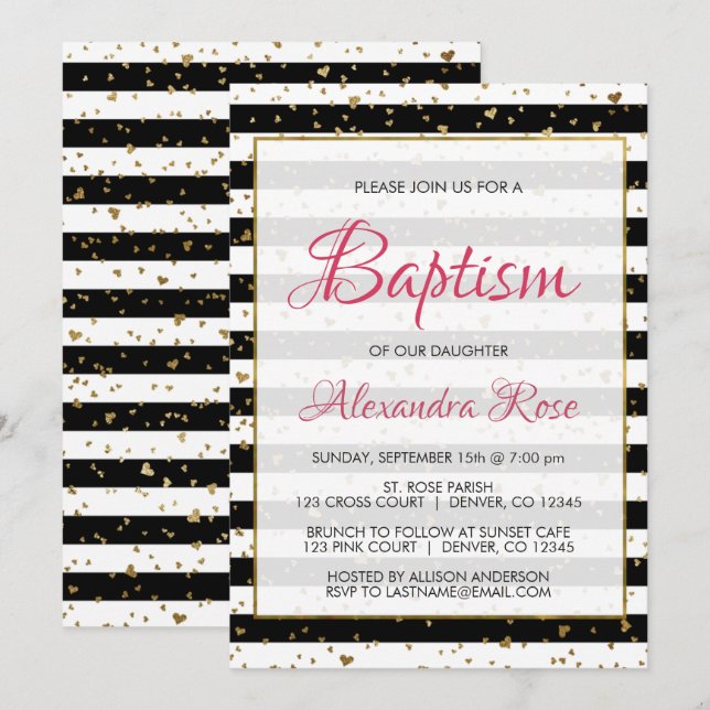 Invitation Black et blanc Gold Foil Hearts Girl's Baptism (Devant / Derrière)