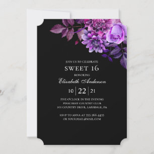 Invitation Black et violet Sweet 16. Floral 16e anniversaire