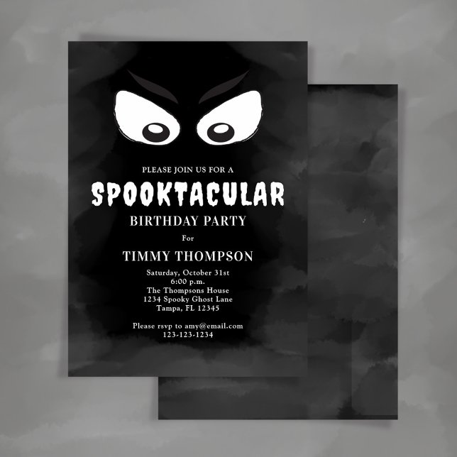 Invitation Black et White Spooktacular Anniversaire (Whimsical Halloween Birthday party invitation with black and white ghost eyes. )
