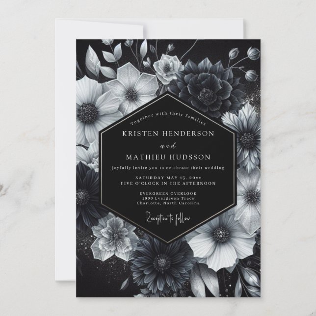 Invitation Black Ethereal Bloom Wedding (Devant)
