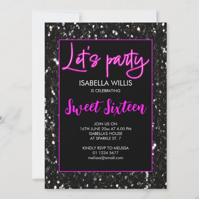 Invitation Black étincelles Sweet 16 néon rose lotte fête (Devant)