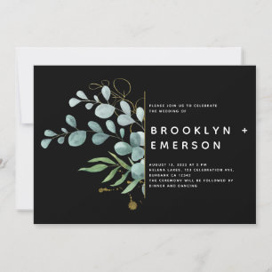 Invitation Black Eucalyptus Gold Foil Mariage moderne