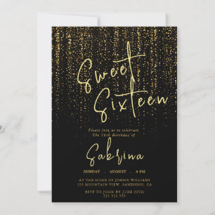 Invitation Black Falling Golden Sparkles Sweet 16 Anniversair