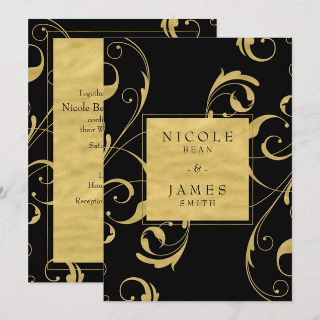 Invitation Black & Faux Gold Floral Swirl Mariage élégant (Devant / Derrière)