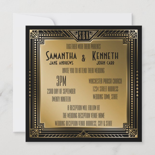 Invitation Black & Faux Gold Great Gatsby Mariage géométrique (Devant)