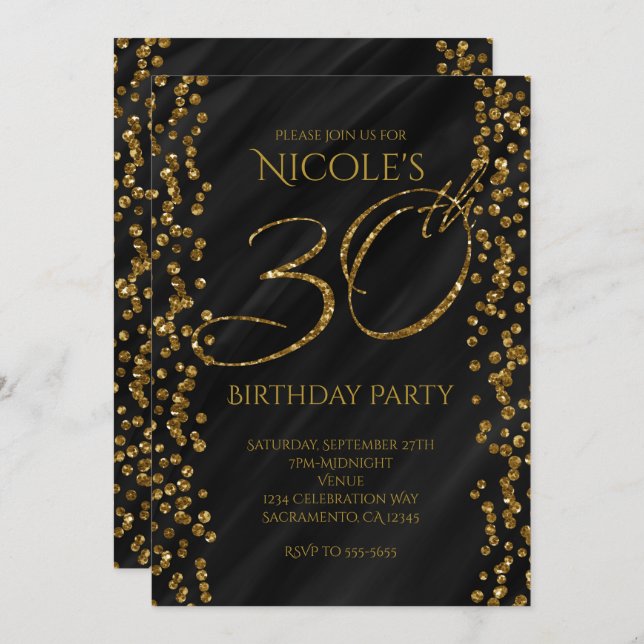 Invitation Black & Faux Gold Parties scintillant Glam 30 30e  (Devant / Derrière)