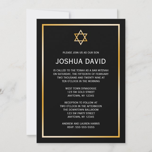 Invitation Black Faux Gold Star de David Bar Mitzvah (Devant)