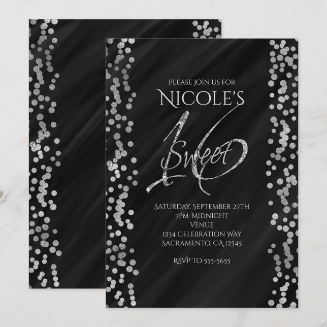 Invitation Black & Faux Silver Moderne GlamSWEET 16 Seize (Devant / Derrière)