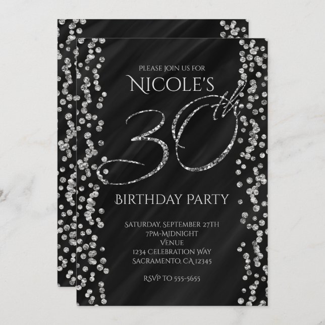 Invitation Black & Faux Silver Parties scintillant Glam 30 30 (Devant / Derrière)