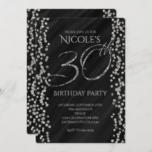 Invitation Black & Faux Silver Parties scintillant Glam 30 30