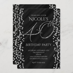 Invitation Black & Faux Silver Parties scintillant Glam 40 40