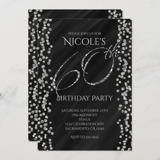 Invitation Black & Faux Silver Parties scintillant Glam 60 60 (Devant / Derrière)