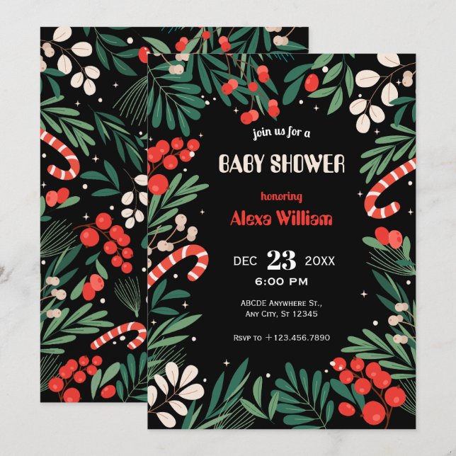 Invitation Black floral christmas baby shower (Devant / Derrière)