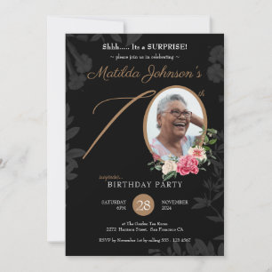 Invitation Black Floral Custom Photo Surprise 70e anniversair