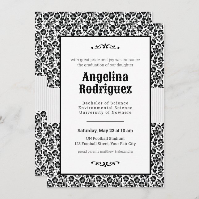 Invitation Black Floral Damask Photo Graduation (Devant / Derrière)