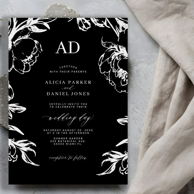 Invitation Black floral elegant wedding (Créateur téléchargé)