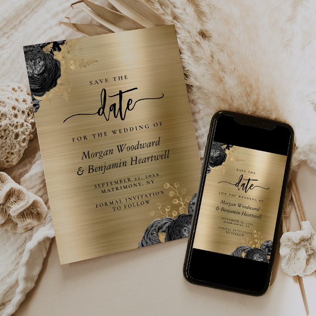 Invitation Black Floral Gold Glam Wedding Save the Date (Créateur téléchargé)