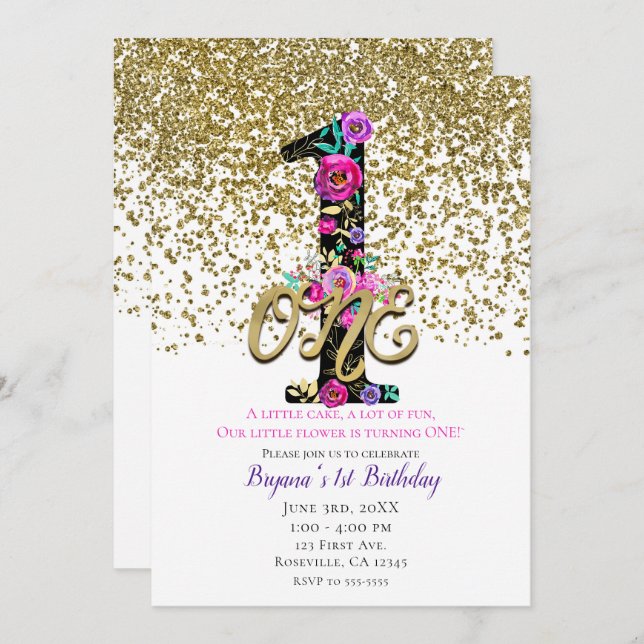 Invitation Black Floral Gold Parties scintillant ONE 1 1er an (Devant / Derrière)