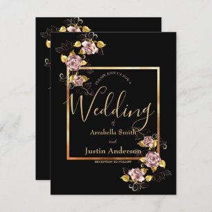 Invitation Black Floral Gold Script Mariage élégant