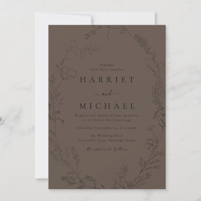 Invitation Black Floral Line-Art Fleur sauvage Mariage de cou (Devant)