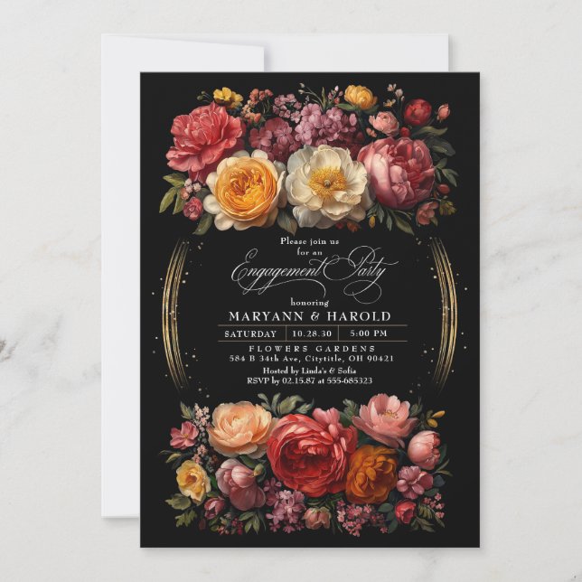 Invitation Black Floral Moody Botanique Chic Engagement Party (Devant)