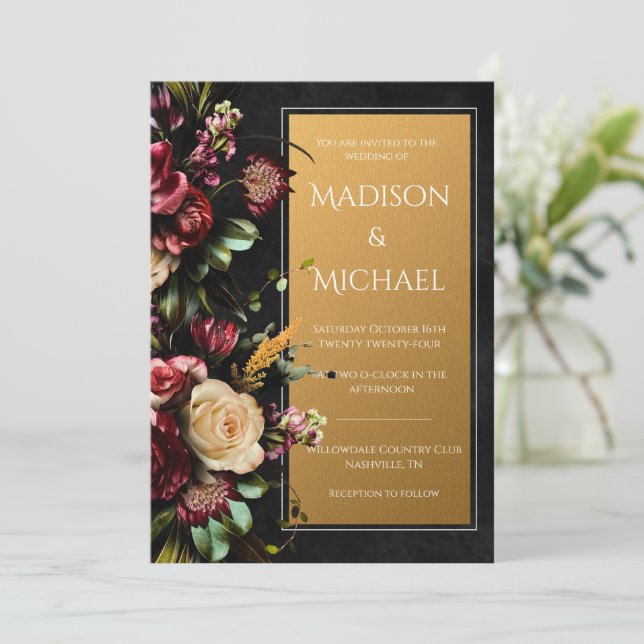 Invitation Black Floral or Mariage moderne (Debout devant)