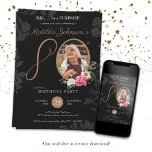 Invitation Black Floral Photo 80th Surprise Anniversaire<br><div class="desc">Black Floral Photo 80th Surprise Birthday Party Invitation. Une délicate et féminine à thème floral et botanique surprise 90ème anniversaire invitation fête. Il présente de belles fleurs autour de la photo de la personne d'anniversaire avec un soupçon de classe vintage! Le concepteur est toujours prêt à aider, contactez-la si vous...</div>