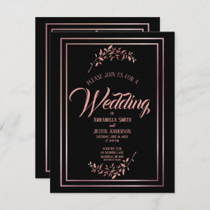 Invitation Black Floral Rose Gold Script Mariage élégant