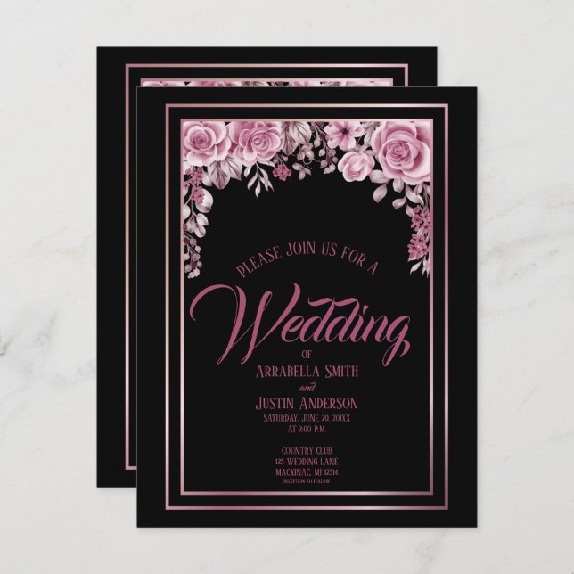 Invitation Black Floral Rose Gold Script Mariage élégant (Devant / Derrière)