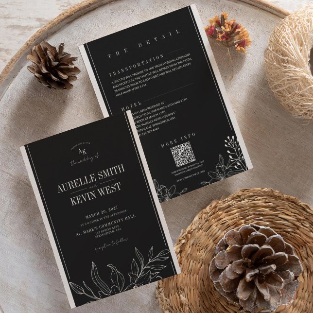 Invitation Black Floral Rustic Elegant Details QR Wedding  (Créateur téléchargé)