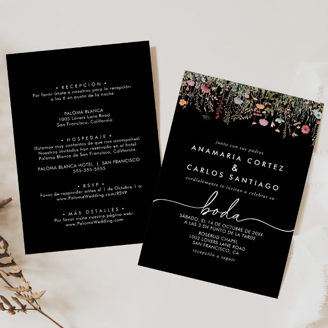 Invitation Black Galant Fleur Sauvage Espagnol Avant & Arrièr (Créateur téléchargé)