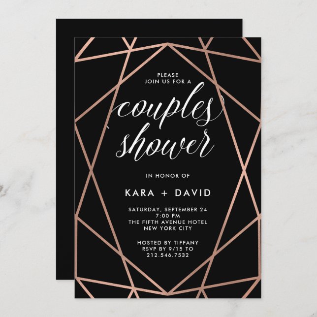Invitation Black Geometrique Faux Rose Gold Couples Douche (Devant / Derrière)