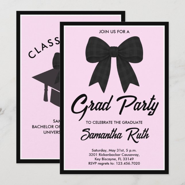 Invitation Black Gingham Bow Graduation Party (Devant / Derrière)