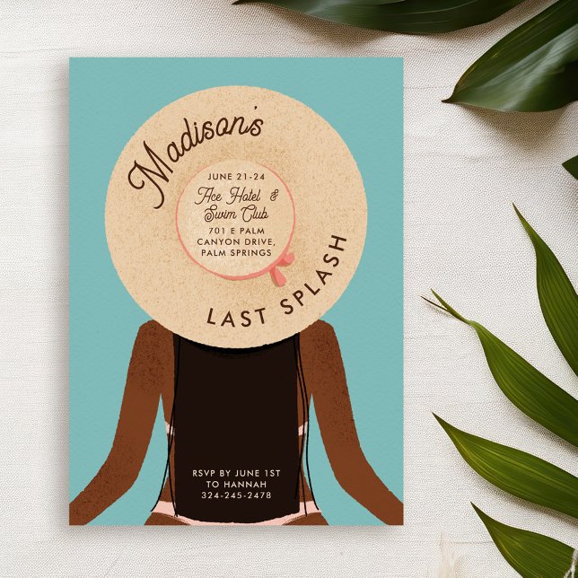 Invitation Black Girl Bachelorette Pool Party - Dernier Splas (black hair and black skin girl wearing a beach hat - bachelorette pool party invitation)