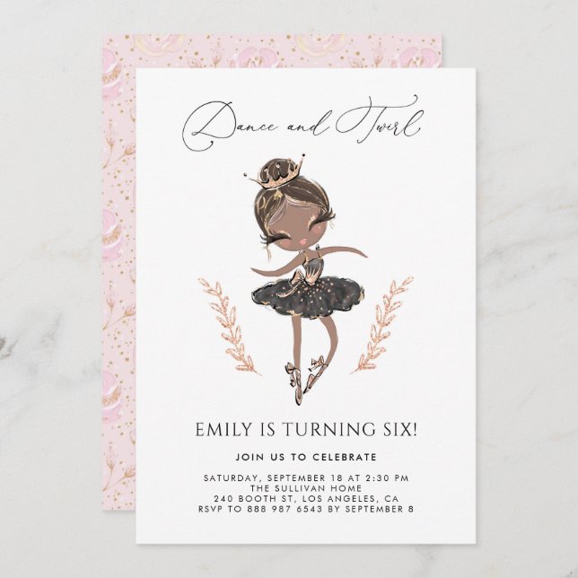 Invitation Black Girl Ballerina en robe noire Anniversaire (Devant / Derrière)