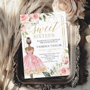 Invitation Black Girl Princess robe rose rose blush or floral